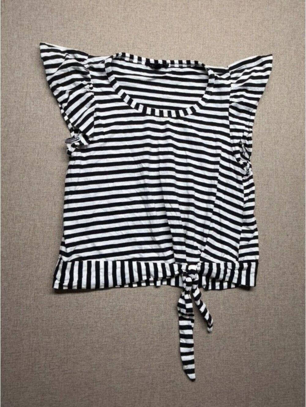 Jane + Delancey Black White Striped Flutter Sleeve Tie Hem Top Size M